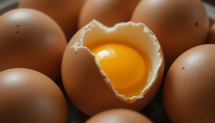 Fresh Brown Eggs with Cracked Open Shell Revealing a Bright Yolk