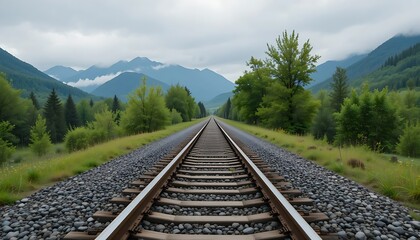 Fototapeta premium Railroad Tracks Through Mountain Valley with Trees Under Cloudy Sky