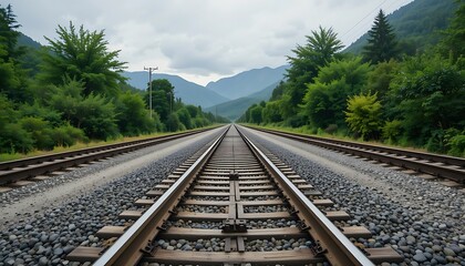 Naklejka premium Railroad Tracks Stretching Through Verdant Landscape Towards Distant Mountain Range