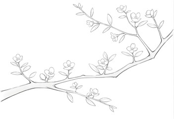 Fototapeta premium Elegant Hand-Drawn Flowering Branch Illustration with Delicate Blossoms and Leaves – Perfect for Nature and Botanical Themes