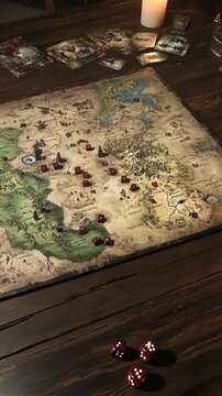 Game night with friends featuring a detailed fantasy map and dice on a wooden table