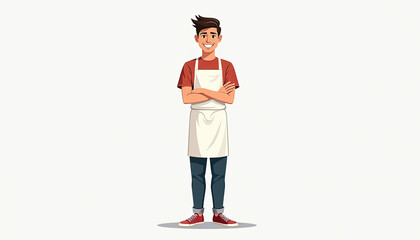 Young male cook in white apron standing, arms crossed. Ideal for culinary blogs, restaurant websites, and cooking class materials.