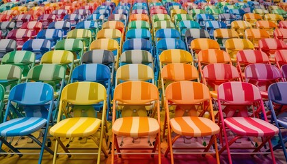 Colorful folding chairs arrangement event venue gigapixel photography indoor space wide angle view