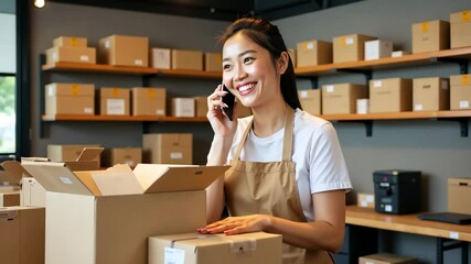 An aspiring small business entrepreneur or an Asian freelancer using a smartphone for orders. packaging box for online marketing and delivery, a concept for small and medium-sized businesses.