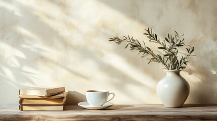 Books Coffee Cup Vase Olive Branches Sunny Wall