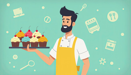 Bearded male chef holding a tray of cupcakes, with kitchen icons. Use for pastry shop promotions, baking blogs, and culinary event materials.