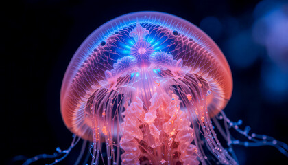 Glowing jellyfish with bioluminescent tentacles floating in deep sea, vibrant underwater wildlife, fantasy aquatic scene, AI generated illustration
