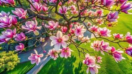 Naklejka premium Aerial Drone Photography Spring Magnolia Blossoms - Stunning Overhead View Pink White Magnolia Tree Flowers