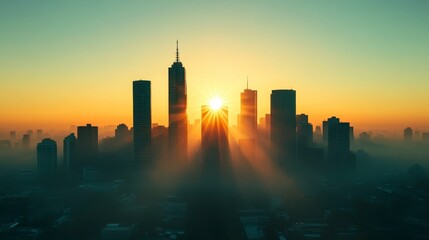 Fototapeta premium Misty City Skyline Sunrise Golden Light Bathes Silhouetted Skyscrapers
