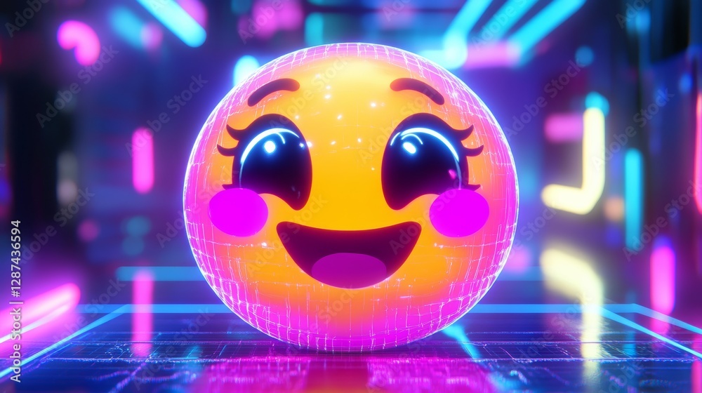 Poster smiling 3d emoji with neon lights, vibrant colors and digital glow, futuristic atmosphere. digital a