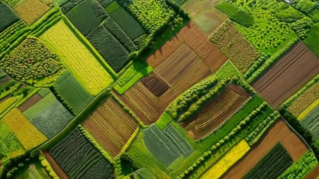 Aerial view of colorful patchwork farm fields, crops, trees, agricultural landscape