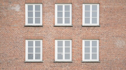 Old brick building facade with white windows. Exterior view.  Possible use for architectural background