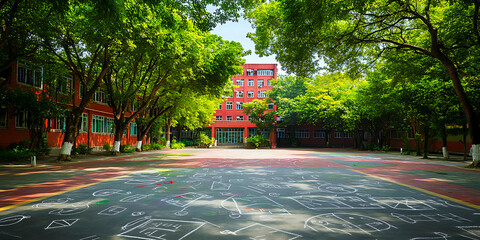 Cheerful schoolyard featuring a red-brick building and shaded trees