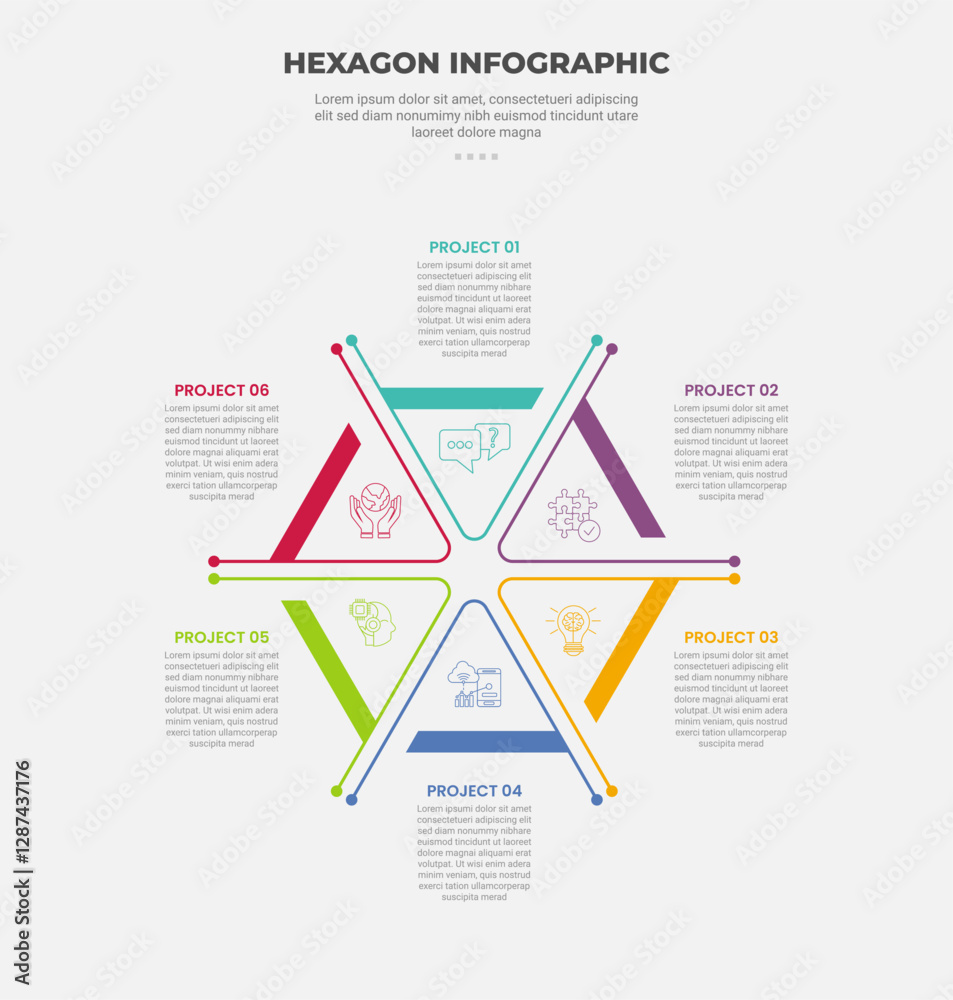 Aufkleber hexagon or hexagonal base shape infographic outline style with 6 point template with big hexagon sha