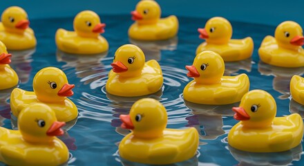 A group of rubber ducks floating on the calm surface of a lake.
