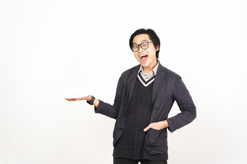 Holding and Showing Empty Plate for copy space food Of Handsome Asian Man Isolated On White Background