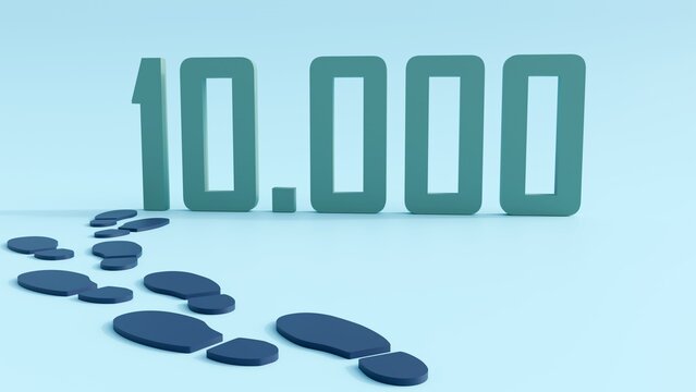 A 3d rendering of the number "10.000" and the footprints, suggesting a journey or a milestone reached. The visual representation of movement or steps.
