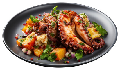 PNG Octopus menu on dish plate meat food.