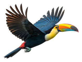 Flying toucan in tropical forest wildlife colorful bird isolated on transparent background