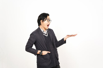 Holding and Showing Empty Plate for copy space food Of Handsome Asian Man Isolated On White Background