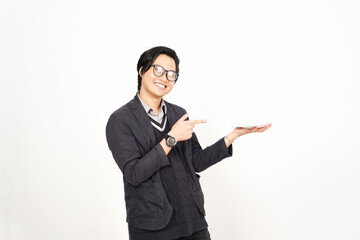 Holding and Showing Empty Plate for copy space food Of Handsome Asian Man Isolated On White Background