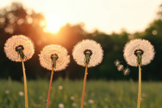 A row of dandelions are in a field with the sun shining on them