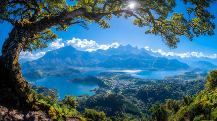Majestic mountain lake vista framed by tree, idyllic scenery