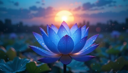 Blue Lotus Flower at Sunset with Water Drops and Lily Pads