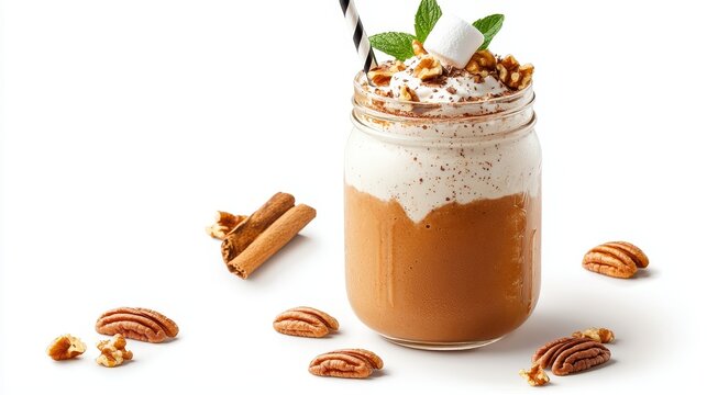 Thanksgiving-inspired butterscotch milkshake in mason jar, topped with pecan and marshmallow, vibrant digital painting, soft shadows, isolated on white background