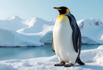 Fototapeta premium Potrait of emperor penguin on snowy antarctic landscape, emperor penguin in antarctica, penguin on ice, penguin on snow with copy space for text 