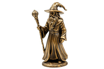Obraz premium Bronze Wizard Figurine with Staff and Flowing Robe on White Background