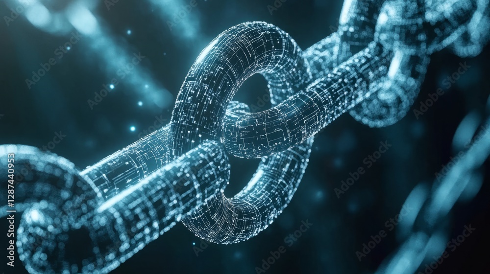 Poster futuristic blockchain technology concept with digital decentralized network, secure data encryption,