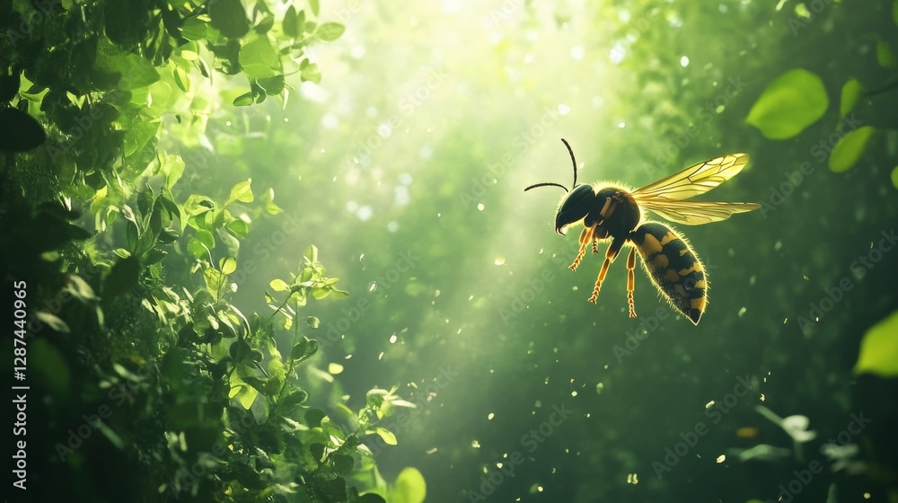 Poster bee hovering amid lush green leaves with sunlight streaming through, creating a serene and vibrant a