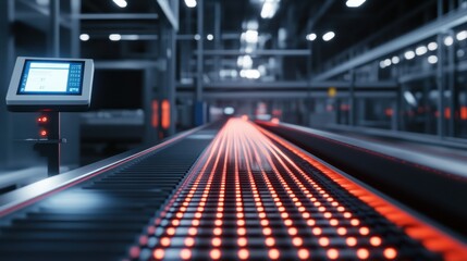 Conveyor belt system with illuminated indicators.