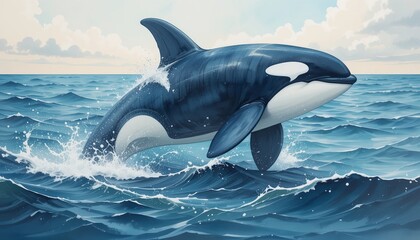 Orca breaching in ocean waves marine life art illustration seascape side view gigapixel concept