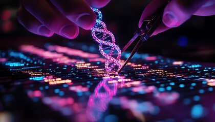 Hands editing DNA code on a futuristic interface