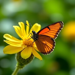 Obraz premium Beautiful Orange Butterfly on a Yellow Flower