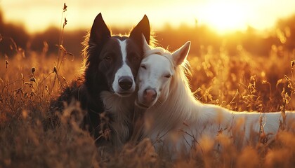 Dogs and horse resting, sunset field, heartwarming scene