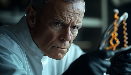 Focused Scientist Examining DNA Model