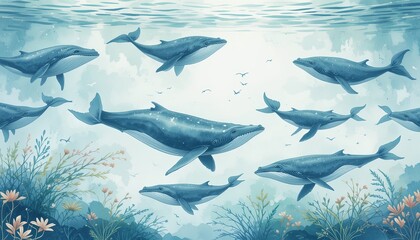 Fototapeta premium Humpback whale migration ocean depths digital artwork underwater wide angle marine life