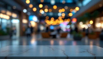 An empty table set for a product display in a shopping mall, surrounded by softly blurred lights creating a bokeh effect