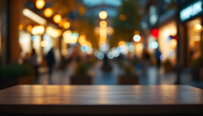 Empty table in a shopping mall, featuring a mockup product display with blurred bokeh lights in the background