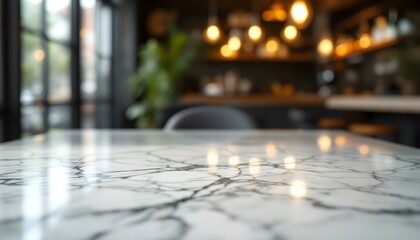 A marble table set in a cafe, empty and ready for display, with a softly blurred background creating a bokeh effect