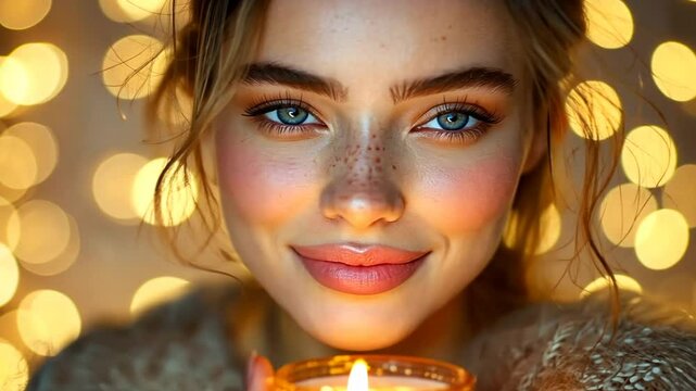 Smiling Woman Holds Candle, Bokeh Lights Background