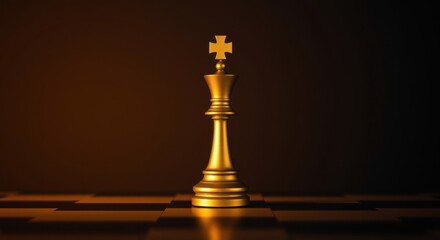 Golden king chess piece stands tall on a dark, checkered board, bathed in warm, inviting light.