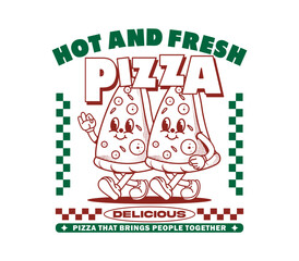 Hot and fresh pizza cartoon character design in a fun and playful vector illustration. Perfect for T-shirts, merchandise, stickers, posters, and more