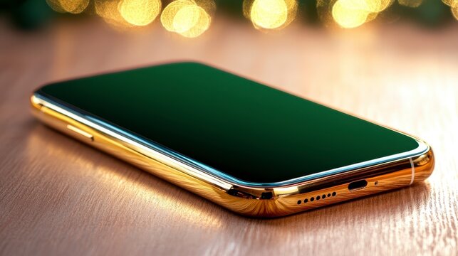 Luxury Gold Smartphone on Wooden Table with Soft Bokeh Lighting - Powered by Adobe