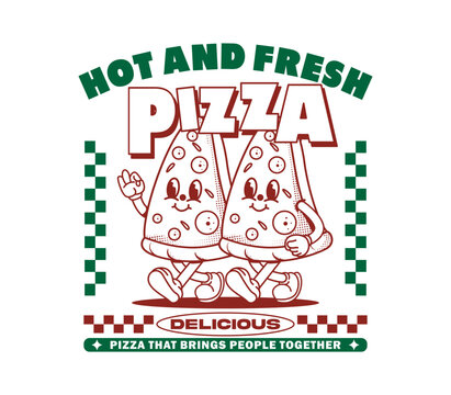 Hot and fresh pizza cartoon character design in a fun and playful vector illustration. Perfect for T-shirts, merchandise, stickers, posters, and more