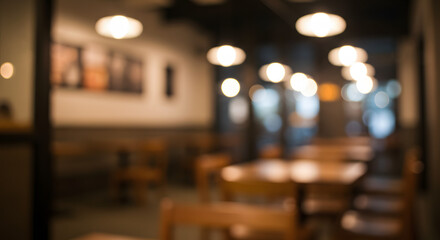 Blurred Cozy Cafe Interior with Wooden Tables and Warm Lighting