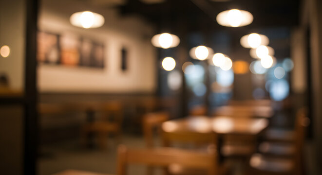 Blurred Cozy Cafe Interior with Wooden Tables and Warm Lighting